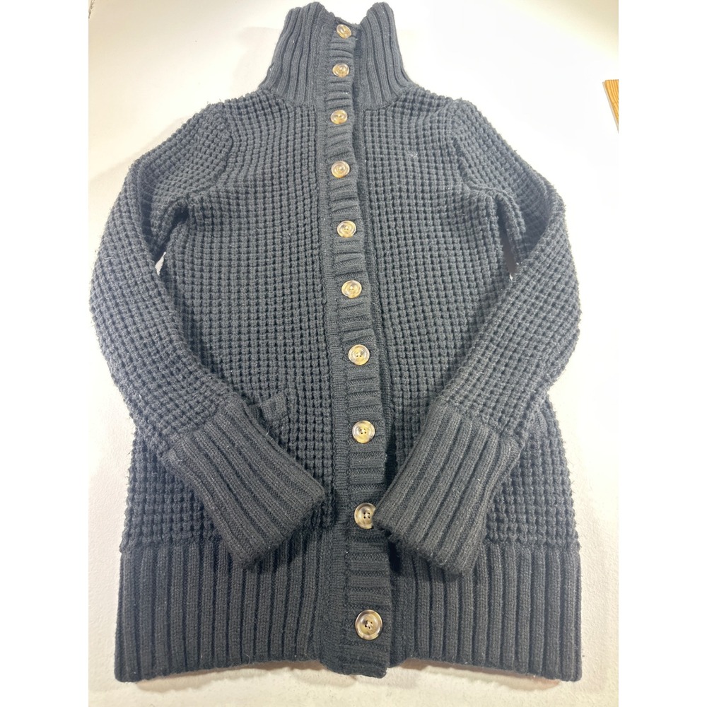 Aerie Black Waffle Knit Cardigan Sweater Wool Blend Funnel Neck Button Front S